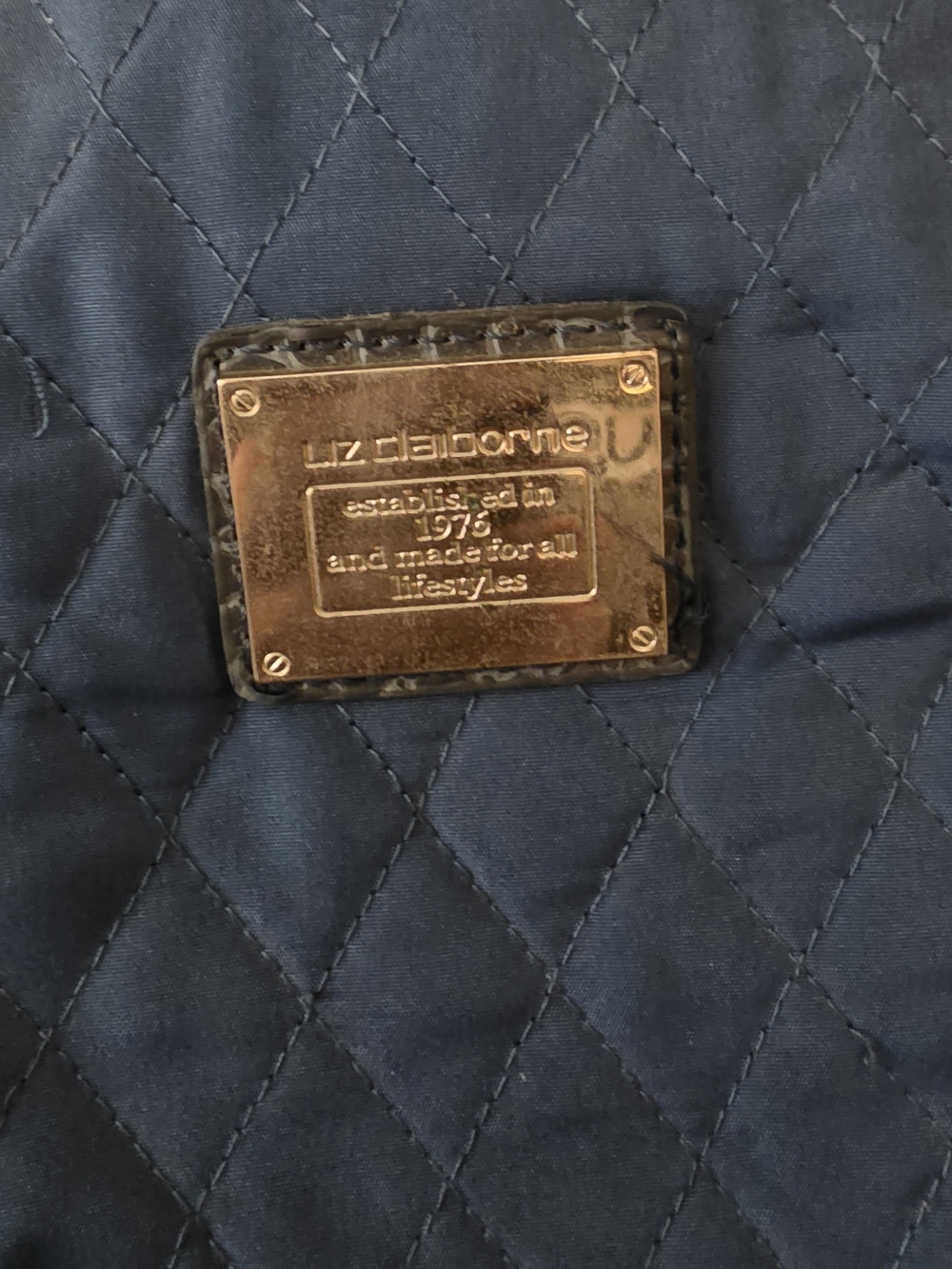 Liz Claiborne Quilted Navy Tote with Gold Plaque
